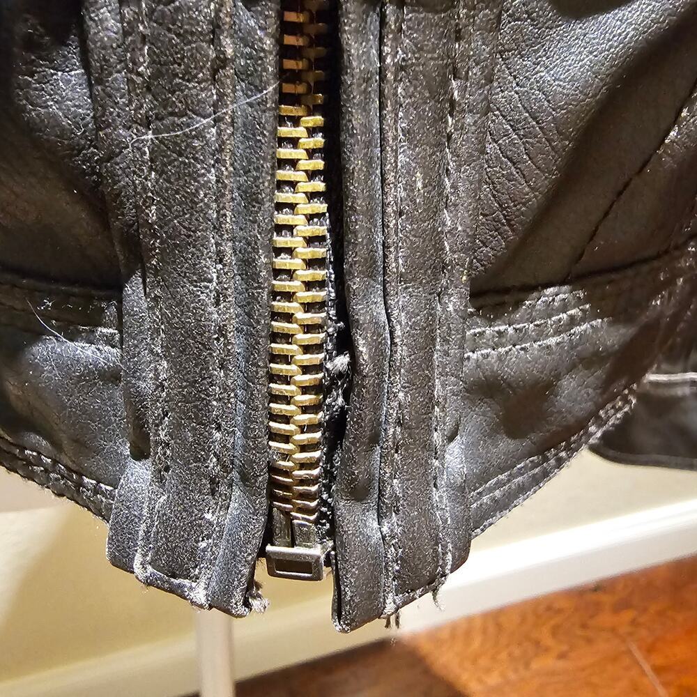 Freda M Brown Faux Leather Moto Jacket Gold Zip Pockets Vegan PVC Lined - Picture 12 of 13